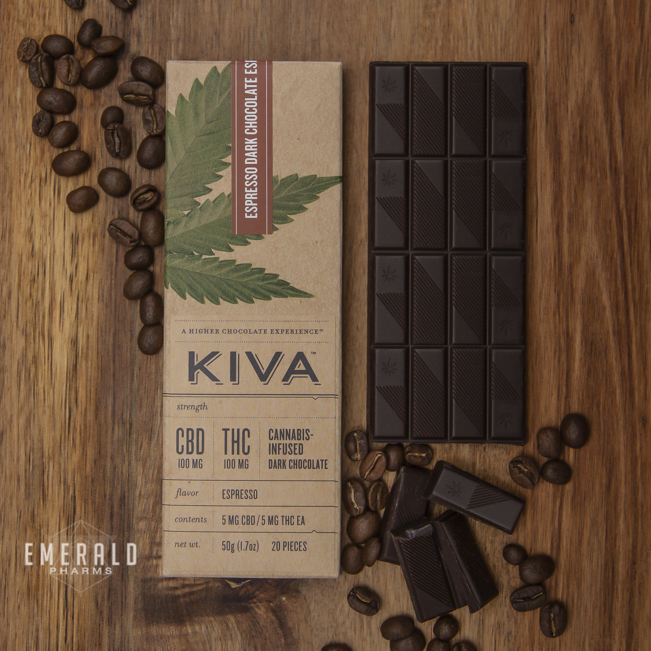 Espresso CBD Chocolate Bar 1:1 by Kiva