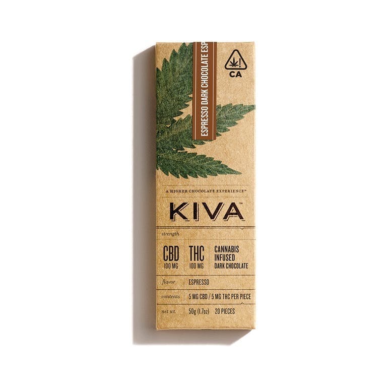 Espresso Dark Chocolate 1:1 CBD to THC Bar [Kiva]