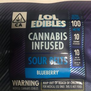 LOL EDIBLES Blueberry Sour Belts 100mg
